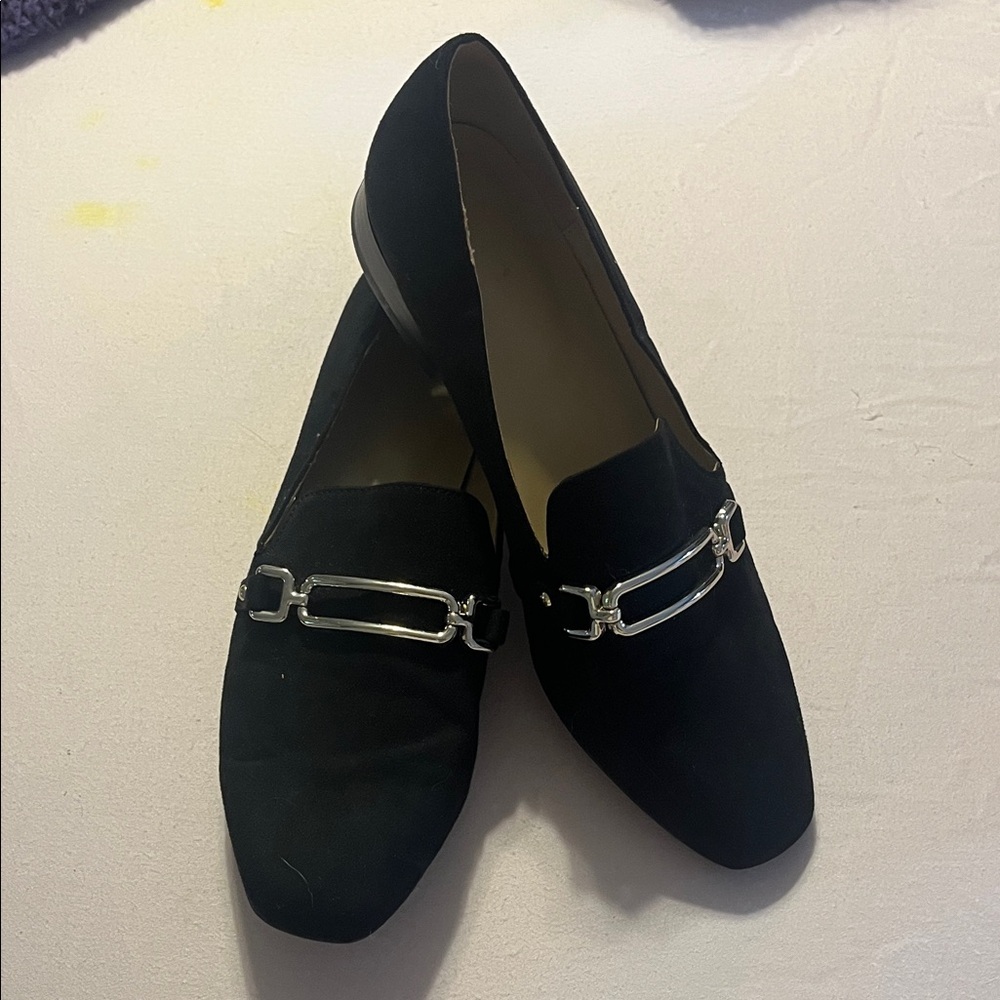 Nine West Black Suede Loafers with Silver Accent